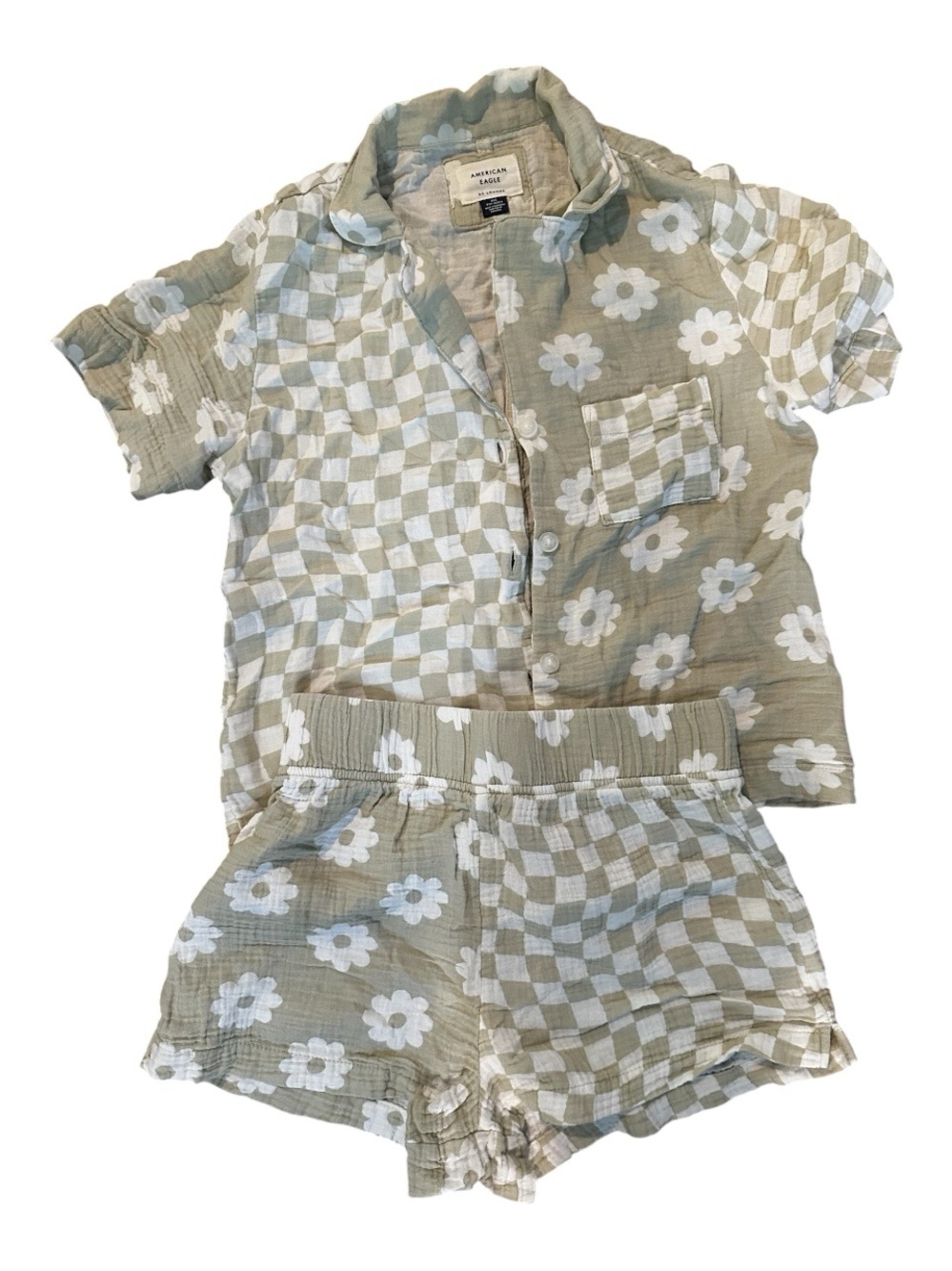 American Eagle Outfitters Sage Green Floral & Check Short Pajama Set